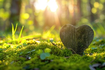 Woodsy Love: Mossy Heart in Sunlight, AI Generative
