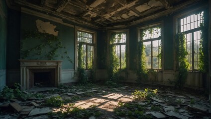 Fototapeta na wymiar Abandoned room with nature