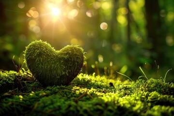 Heartfelt Forest Affection: Sunlit Mossy Heart, AI Generative
 - obrazy, fototapety, plakaty