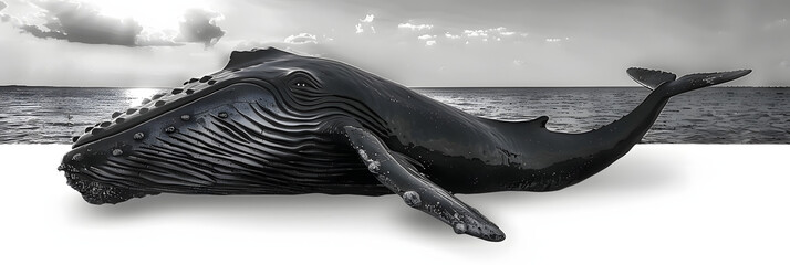 a black and white photo of a fake whale that looks like it has it's head out of the water. - obrazy, fototapety, plakaty
