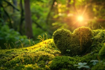 Mossy Forest Glow: Wooden Heart, AI Generative
 - obrazy, fototapety, plakaty