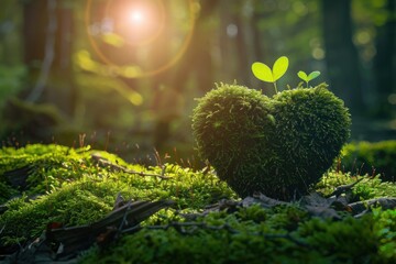 Forest Whispers: Mossy Heart in Sunlight, AI Generative
