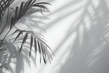 Blurred shadow from palm leaves on the light white wall. Minimal abstract background for product presentation. Spring and summer.