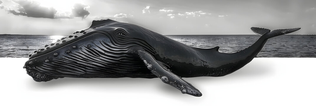 a black and white photo of a fake whale that looks like it has it's head out of the water.