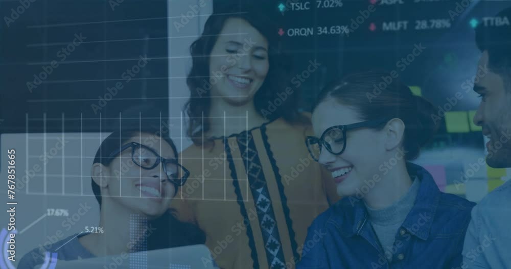 Poster animation of data processing and diagrams over diverse colleagues smiling in office