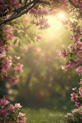 Beautiful cherry blossom sakura with lens flare effect. Spring nature background