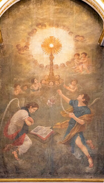 Hostensory painting with the Blessed Sacrament, Angels and Saints. Corpus Christi Convent, Vila Nova de Gaia, Portugal. 2023-01-13