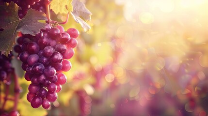 Red wine grapes on vine in summer vineyard on blurred vineyard background, close upClose-up of a red grape cluster hanging on a vine in a sunny vineyard - obrazy, fototapety, plakaty