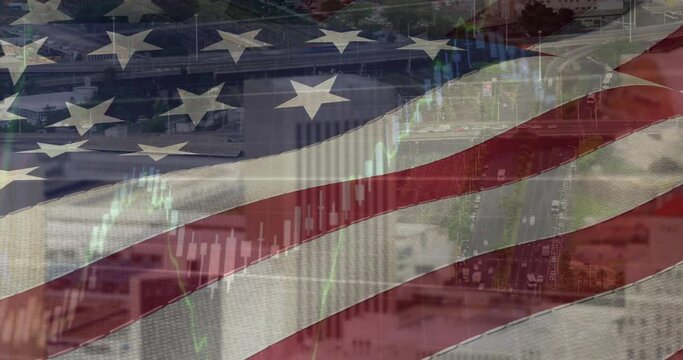 Animation of data processing and diagrams over flag of usa and cityscape - Powered by Adobe