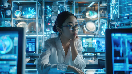 A woman in a grey sweater and glasses is sitting at the center of an office with multiple computer screens displaying data visualizations, surrounded by dark blue digital walls