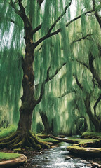 Whispering Willow Grove. Beneath ancient willow trees, their long branches trailing in a silver rive - obrazy, fototapety, plakaty