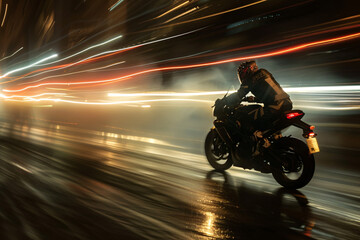 Motorcyclist in action at night with motion blur and red light trails on a wet road
