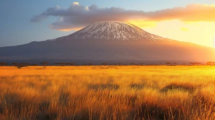 Cercles muraux Kilimandjaro The iconic silhouette of Mount Kilimanjaro rises above the vast Serengeti plains, its snow-capped peak illuminated by the warm hues of dawn.