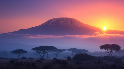 The iconic silhouette of Mount Kilimanjaro rises above the vast Serengeti plains, its snow-capped peak illuminated by the warm hues of dawn. - obrazy, fototapety, plakaty