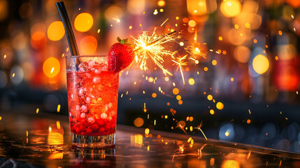 Summer cocktail with a sparkler on the bar
