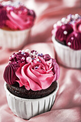 Lovely cupcakes with pink rose icing and sprinkles decoration, in paper cases on soft silk fabric background. Traditional American sweet baked dessert. Closeup, selective focus, vertical orientation