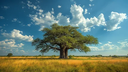 Fototapeten Towering baobab trees stand sentinel over the African savanna, their ancient branches reaching skyward as if to touch the heavens, while wildlife congregates at their base, seeking © Наталья Евтехова