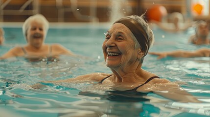 A smiling woman splash happily in a blue pool on a summer day seniors doing water exercises, Group of elder women at aqua gym session, joyful group of friends having aqua class in swimming 