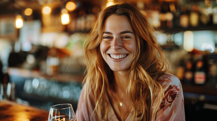 A woman smiling in a bar - obrazy, fototapety, plakaty
