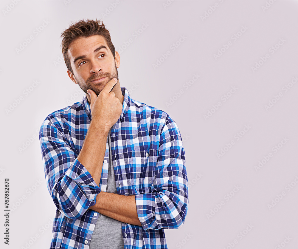Aufkleber Man, thinking and vision idea in studio for future thoughts with brainstorming solution, problem solving or white background. Male person, hand and planning question for decision, wondering or mockup