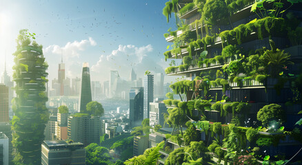 Green plants and gardens integrated with modern buildings in a smart city