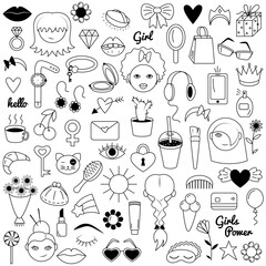 Girl power concept in doodle style. Set of feminism symbols icons. Vector illustration in black and white.
