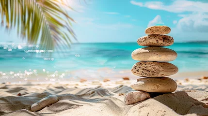 Rolgordijnen Stenen in het zand Vacation relax summer holiday travel tropical ocean sea panorama landscape stack of round pebbles stones on the sandy sand beach, with ocean in the background Mental Health Practice harmony balance.