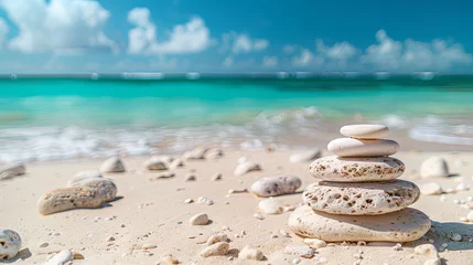 Foto op Aluminium Vacation relax summer holiday travel tropical ocean sea panorama landscape stack of round pebbles stones on the sandy sand beach, with ocean in the background Mental Health Practice harmony balance. © Sittipol 
