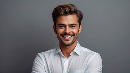 Obraz premium Happy young smiling confident professional business man wearing white shirt