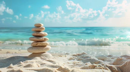 Foto auf Alu-Dibond Vacation relax summer holiday travel tropical ocean sea panorama landscape stack of round pebbles stones on the sandy sand beach, with ocean in the background Mental Health Practice harmony balance. © Sittipol 