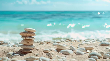 Foto auf Alu-Dibond Vacation relax summer holiday travel tropical ocean sea panorama landscape stack of round pebbles stones on the sandy sand beach, with ocean in the background Mental Health Practice harmony balance. © Sittipol 