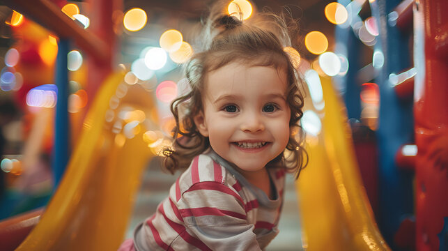 Cute little child playing at indoor amusement park, generative ai