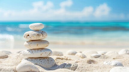 Fototapeta na wymiar Vacation relax summer holiday travel tropical ocean sea panorama landscape stack of round pebbles stones on the sandy sand beach, with ocean in the background Mental Health Practice harmony balance.