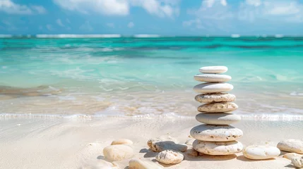 Papier Peint photo autocollant Pierres dans le sable Vacation relax summer holiday travel tropical ocean sea panorama landscape stack of round pebbles stones on the sandy sand beach, with ocean in the background Mental Health Practice harmony balance.