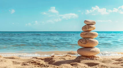 Poster Im Rahmen Vacation relax summer holiday travel tropical ocean sea panorama landscape stack of round pebbles stones on the sandy sand beach, with ocean in the background Mental Health Practice harmony balance. © Sittipol 