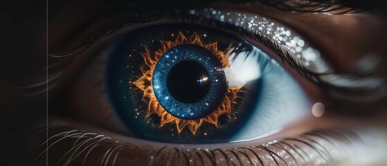 eye closeup eyeball with universe inside iris blue view retina sight vector closeup 