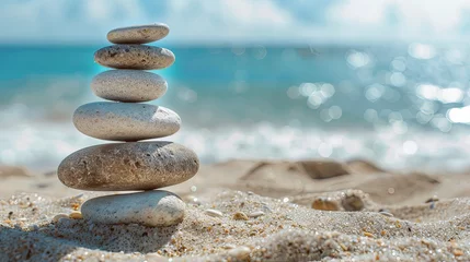 Stickers pour porte Pierres dans le sable Vacation relax summer holiday travel tropical ocean sea panorama landscape stack of round pebbles stones on the sandy sand beach, with ocean in the background Mental Health Practice harmony balance.