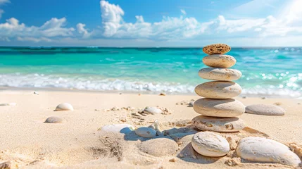 Tuinposter Vacation relax summer holiday travel tropical ocean sea panorama landscape stack of round pebbles stones on the sandy sand beach, with ocean in the background Mental Health Practice harmony balance. © Sittipol 