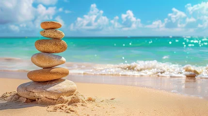Deurstickers Vacation relax summer holiday travel tropical ocean sea panorama landscape stack of round pebbles stones on the sandy sand beach, with ocean in the background Mental Health Practice harmony balance. © Sittipol 