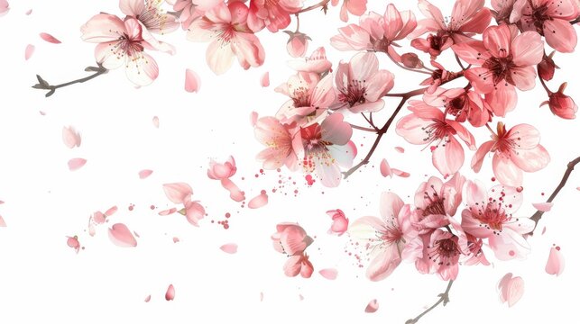 Delicate cherry blossoms in various stages of bloom cascade across the image with a white background, conveying a sense of spring and gentle beauty