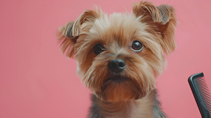 Dog gets hair cut at Pet Spa Grooming Salon. Closeup, generative ai
