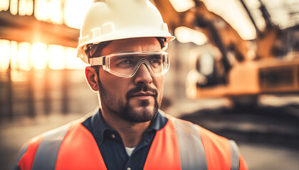 Portrait of a male construction engineer watches building construction on site. Helmet, safety vest