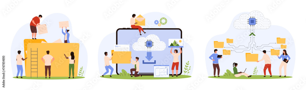 Poster online data storage set. tiny people organize information with folders and archives, upload digital 
