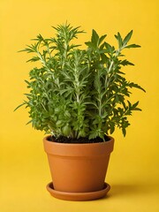 yellow pot of green plant on yellow background