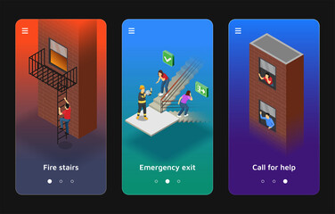 Isometric evacuation app design template set collection