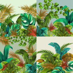 Realistic jungle square illustration set collection with tropical leaves