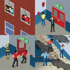 Isometric evacuation scenes illustration set collection with a fire
