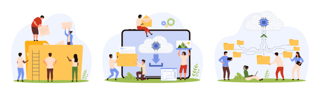 Online data storage set. Tiny people organize information with folders and archives, upload digital directory to cloud storage and share, connect documents on network cartoon vector illustration