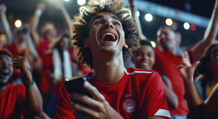 Euphoric football fans in red jerseys, cheering and celebrating with their mobile phones at the stadium
