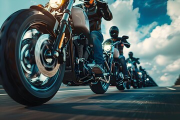 Dynamic Biker Rally: A group of bikers riding in formation, capturing the spirit of freedom and adventure.

 - obrazy, fototapety, plakaty